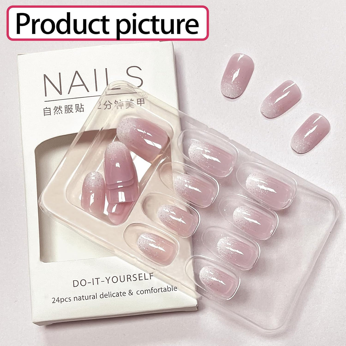 Almond Press on Nails, Almond Shaped Press on Nails, Nail Press Ons Short Fake Nail Pink Ombre False Nail with Glitter Glue on Short Design Artificial Stick on Nails for Women 24Pcs