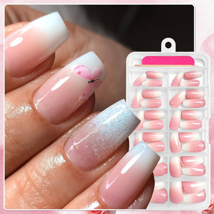 120Pcs Ombre Press on Nails Medium Coffin - Pink White Gradient Fake Nails Press Ons Coffin Stick on Nails for Women