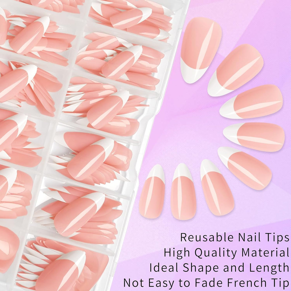 216PC White French Tip Press on Nails Almond Fake Nail Press Ons -Medium