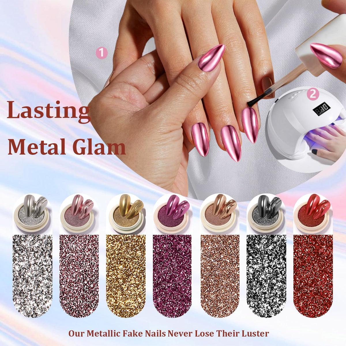 Black Chrome Press on Nails Medium Almond Nails Press Ons Metallic Nails Glue On, Acrylic Nails Fake Nails for Women, Thick Shinny Glazed False Nails Glue on Nails Medium Length Stiletto Nails 24Pcs