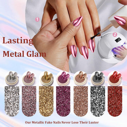 Black Chrome Press on Nails Medium Almond Nails Press Ons Metallic Nails Glue On, Acrylic Nails Fake Nails for Women, Thick Shinny Glazed False Nails Glue on Nails Medium Length Stiletto Nails 24Pcs