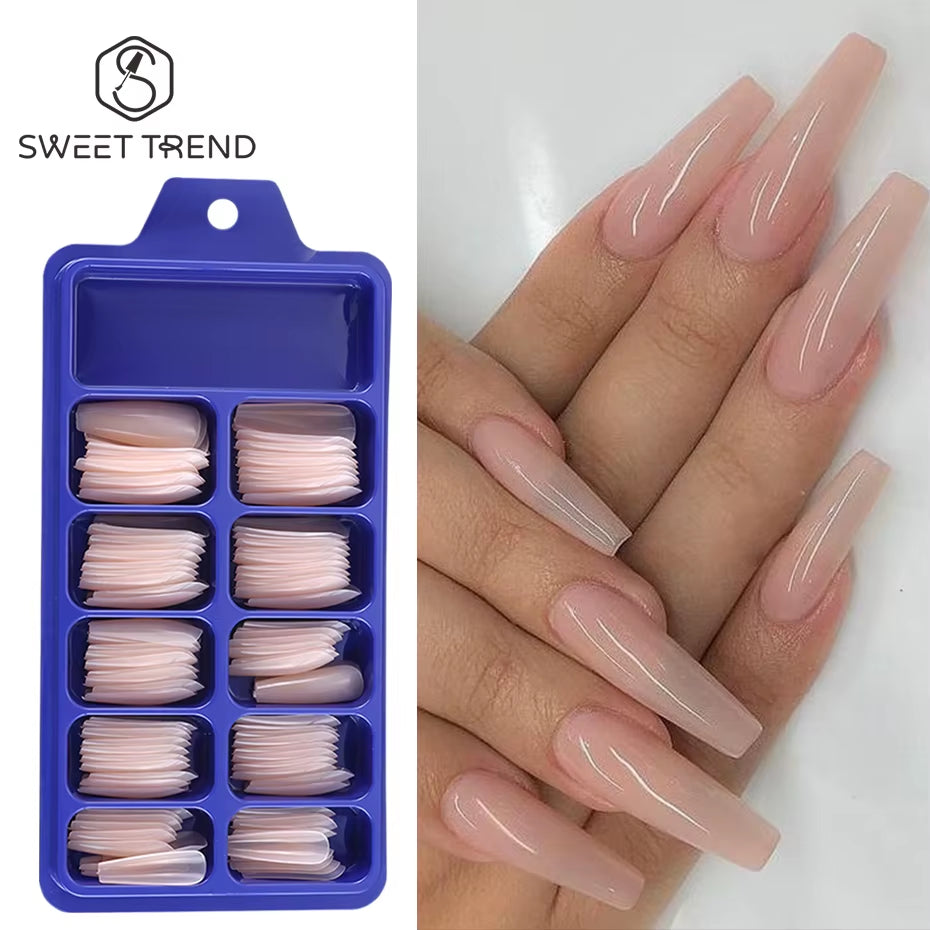 100Pcs Nude Pink False Nail Press on Nails Acrylic Extension Coffin Forms Nail Tips Artificial Long Full Cover Fingernails Tools