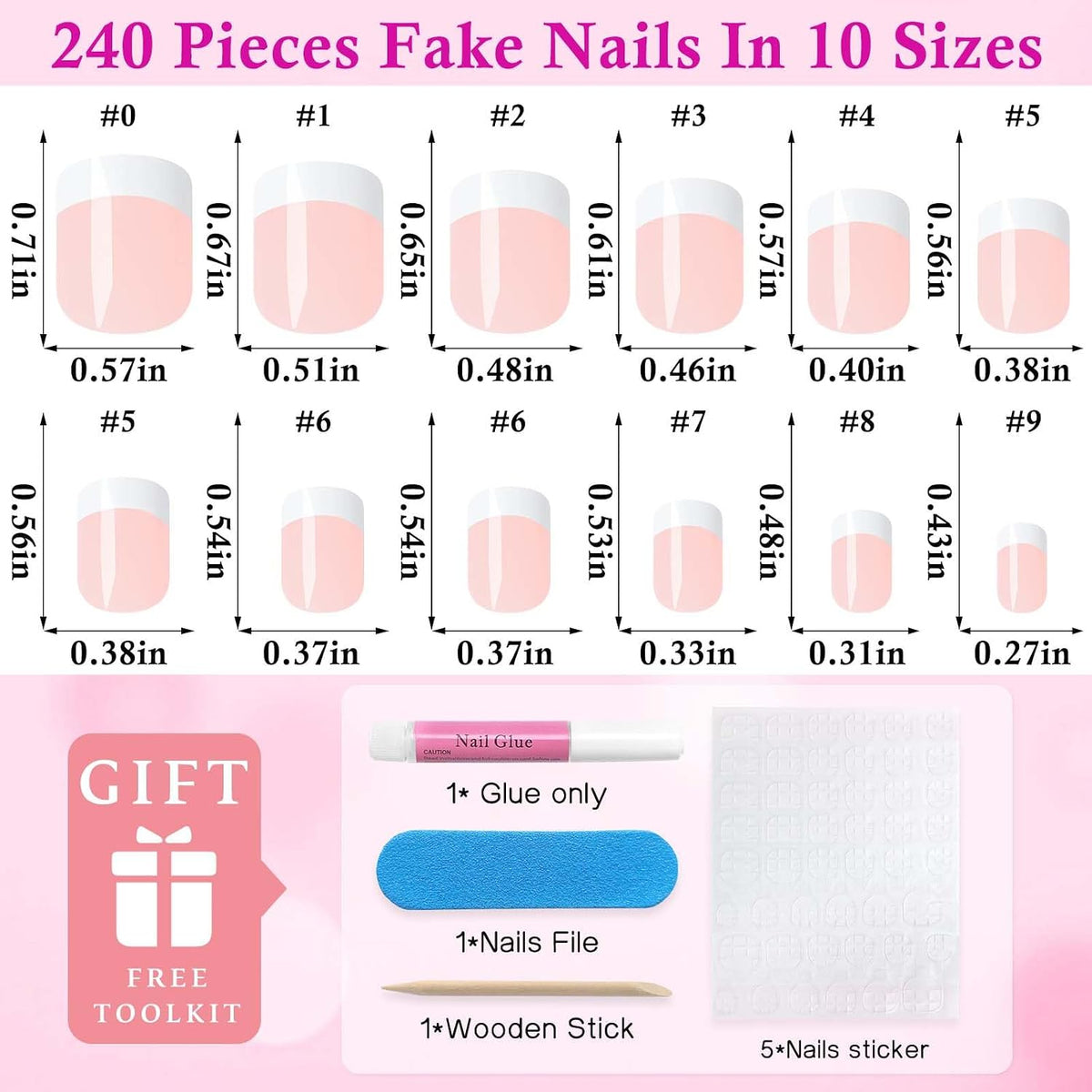 240-Piece Extra Short Square Press-On Nails with White French Tips - Nude Acrylic False Fingernails with Adhesive Tabs