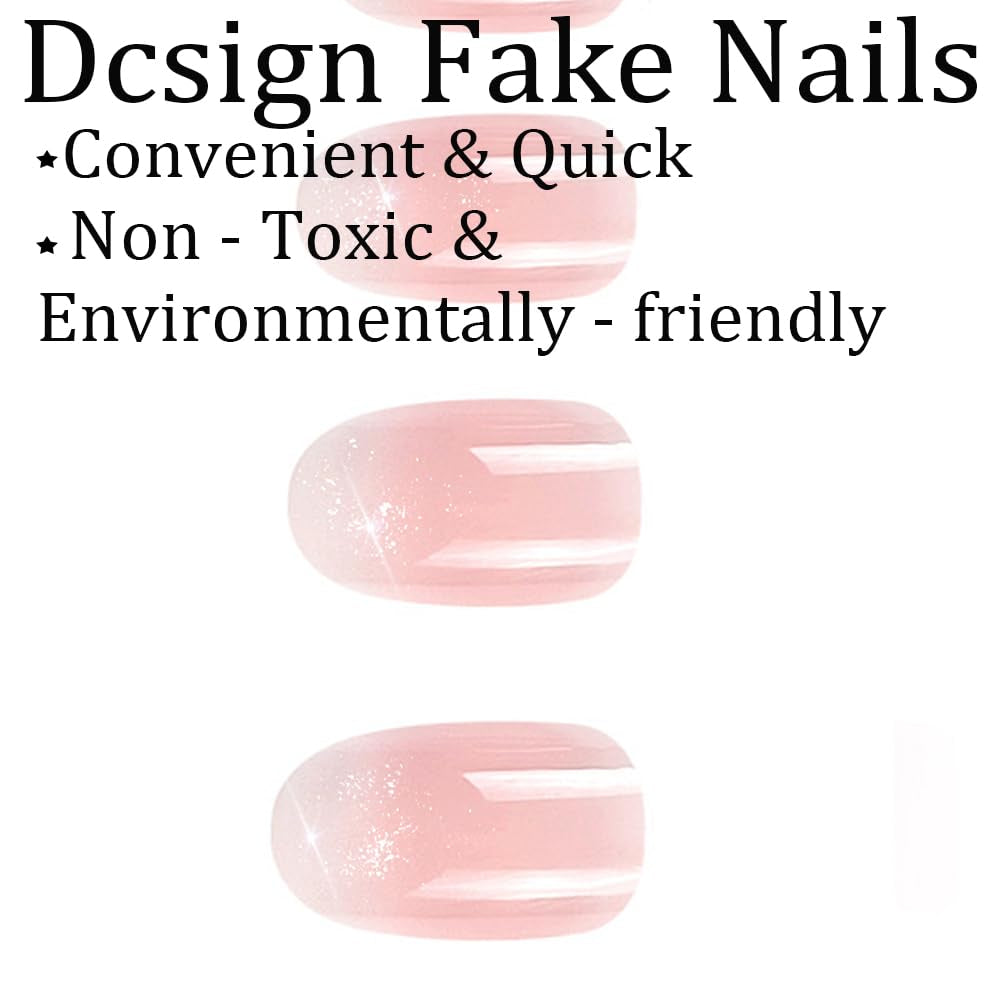 Almond Press on Nails, Almond Shaped Press on Nails, Nail Press Ons Short Fake Nail Pink Ombre False Nail with Glitter Glue on Short Design Artificial Stick on Nails for Women 24Pcs