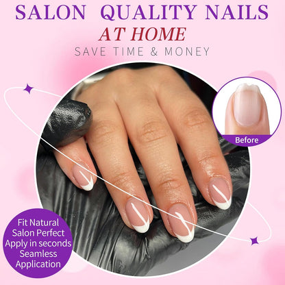 240-Piece Oval Press-On Nails Set with White French Tips - Short Acrylic Nail Art with Adhesive Tabs