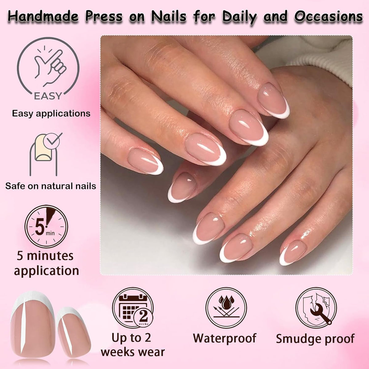 240-Piece Oval Press-On Nails Set with White French Tips - Short Acrylic Nail Art with Adhesive Tabs