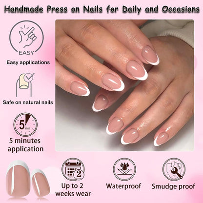 240-Piece Oval Press-On Nails Set with White French Tips - Short Acrylic Nail Art with Adhesive Tabs