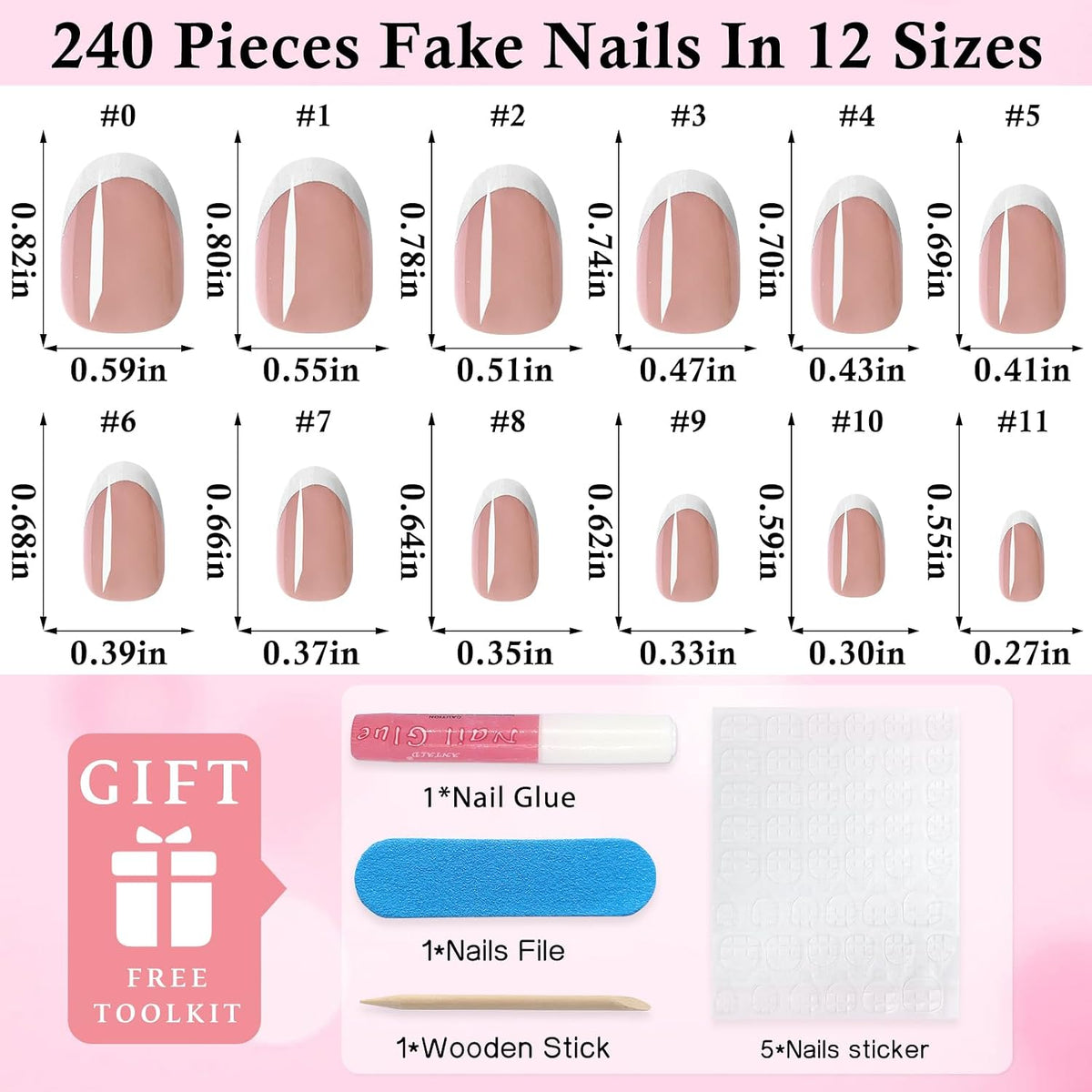 240-Piece Oval Press-On Nails Set with White French Tips - Short Acrylic Nail Art with Adhesive Tabs