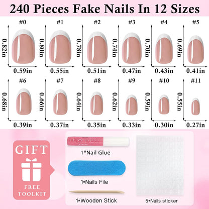 240-Piece Oval Press-On Nails Set with White French Tips - Short Acrylic Nail Art with Adhesive Tabs