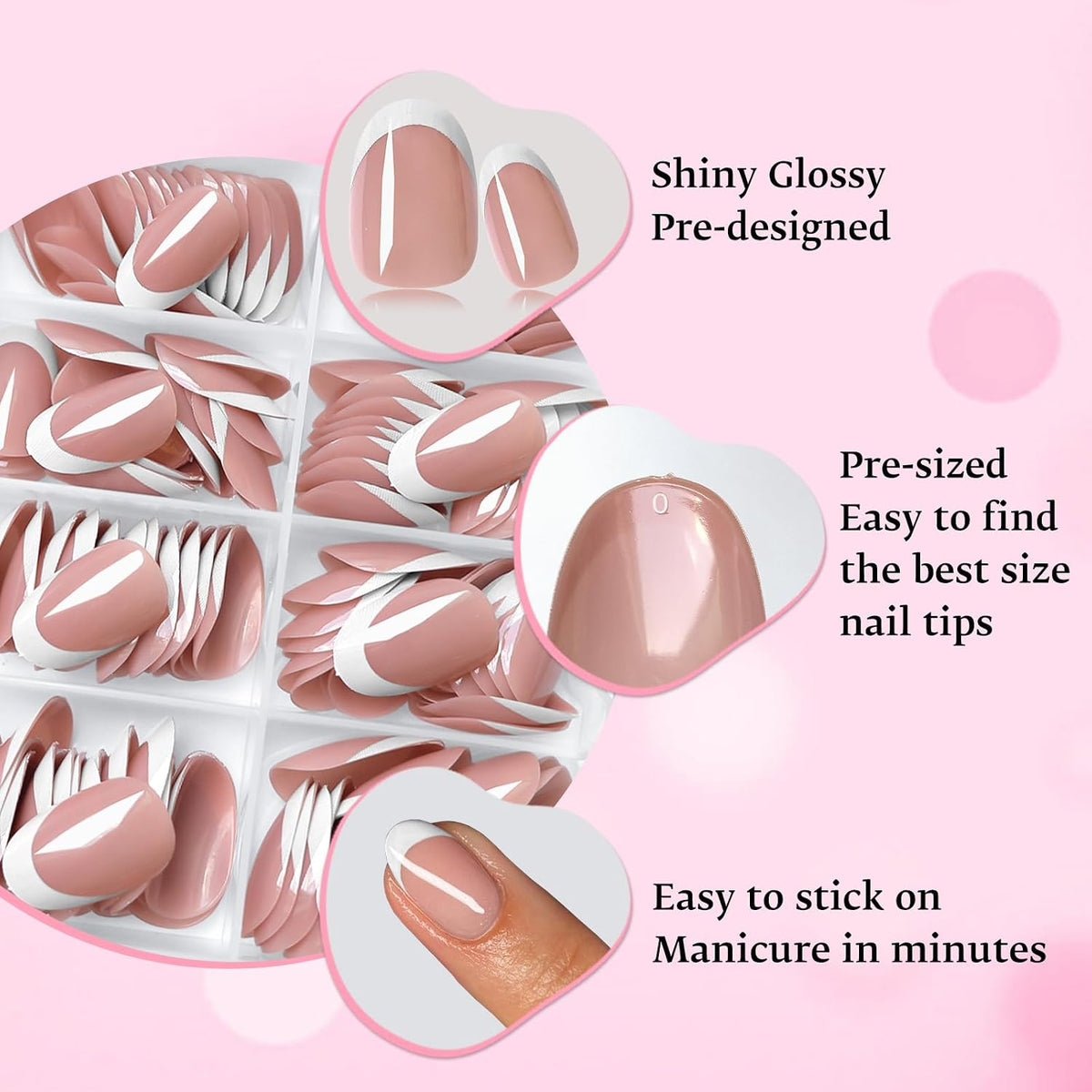 240-Piece Oval Press-On Nails Set with White French Tips - Short Acrylic Nail Art with Adhesive Tabs