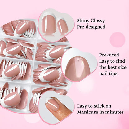 240-Piece Oval Press-On Nails Set with White French Tips - Short Acrylic Nail Art with Adhesive Tabs