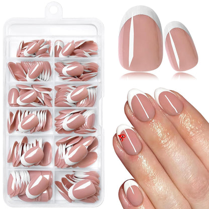 240-Piece Oval Press-On Nails Set with White French Tips - Short Acrylic Nail Art with Adhesive Tabs