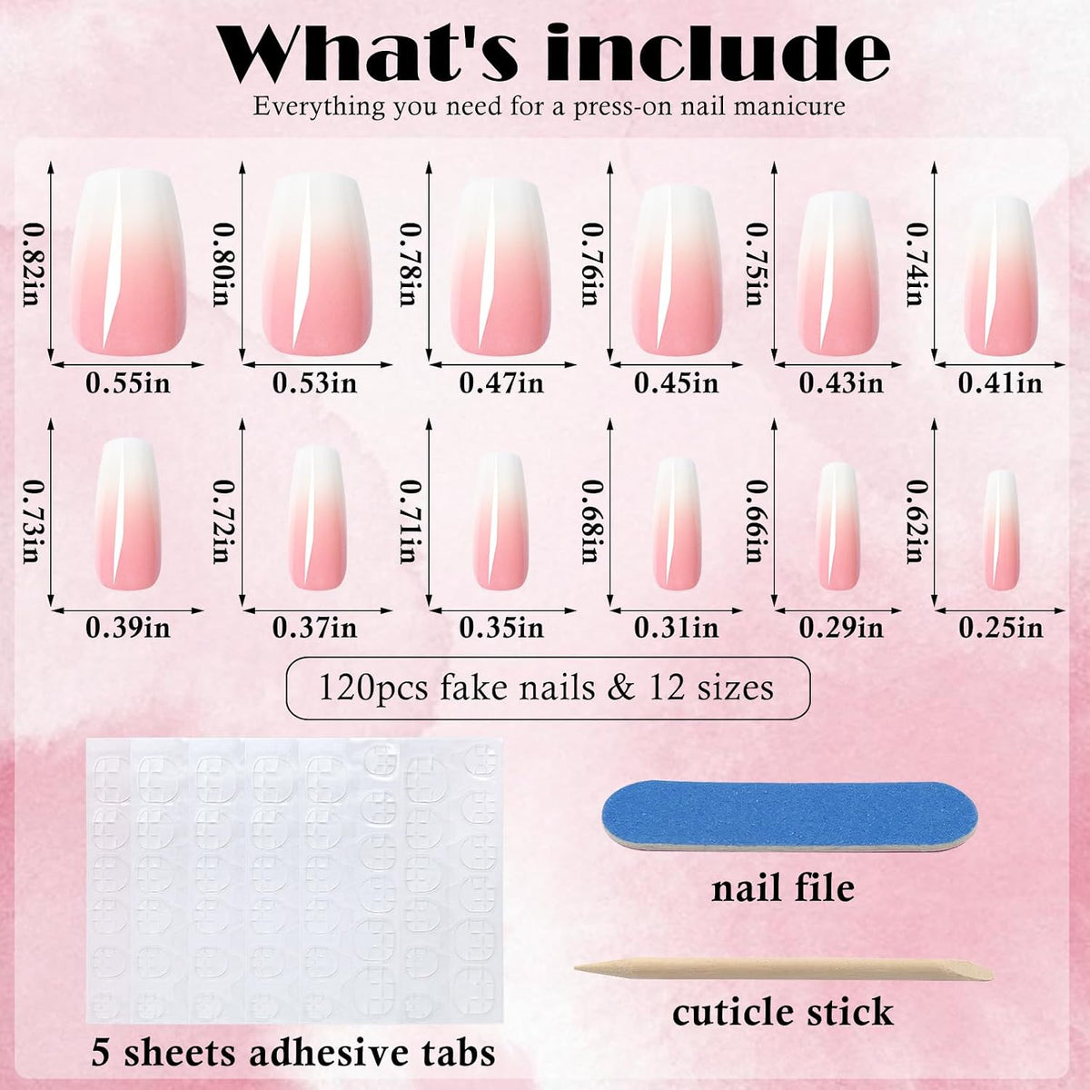 120Pcs Ombre Press on Nails Medium Coffin - Pink White Gradient Fake Nails Press Ons Coffin Stick on Nails for Women