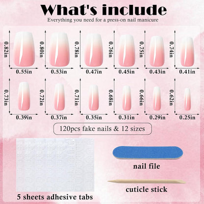 120Pcs Ombre Press on Nails Medium Coffin - Pink White Gradient Fake Nails Press Ons Coffin Stick on Nails for Women