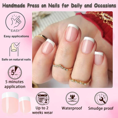 240-Piece Extra Short Square Press-On Nails with White French Tips - Nude Acrylic False Fingernails with Adhesive Tabs
