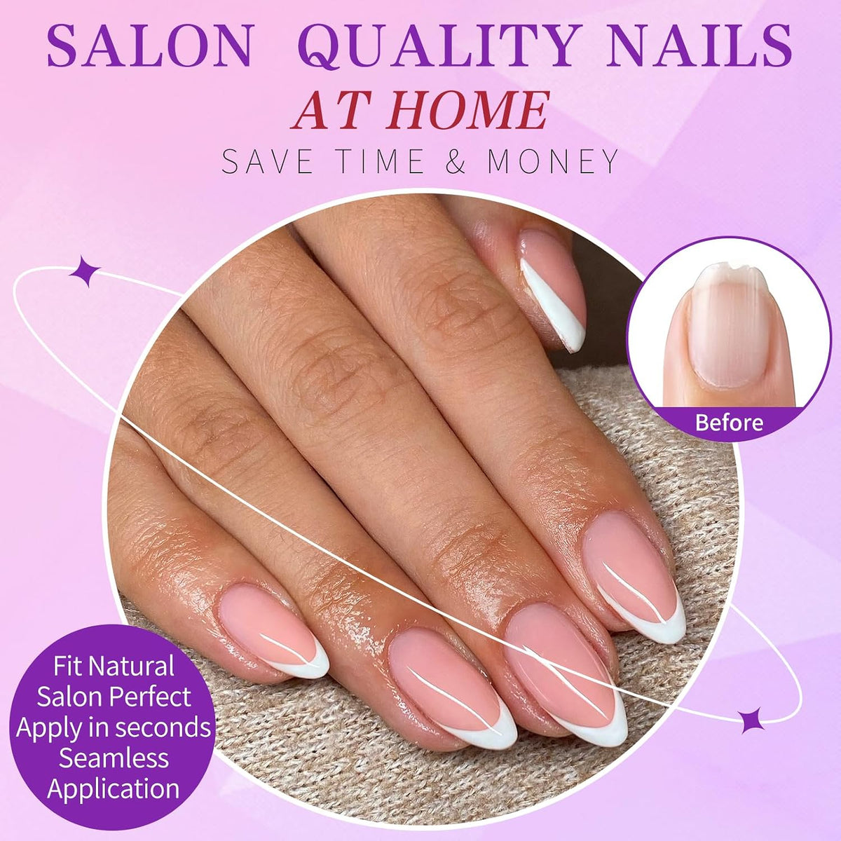 216PC White French Tip Press on Nails Almond Fake Nail Press Ons -Medium