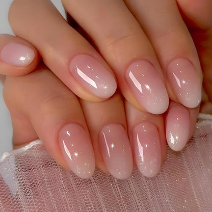 Almond Press on Nails, Almond Shaped Press on Nails, Nail Press Ons Short Fake Nail Pink Ombre False Nail with Glitter Glue on Short Design Artificial Stick on Nails for Women 24Pcs