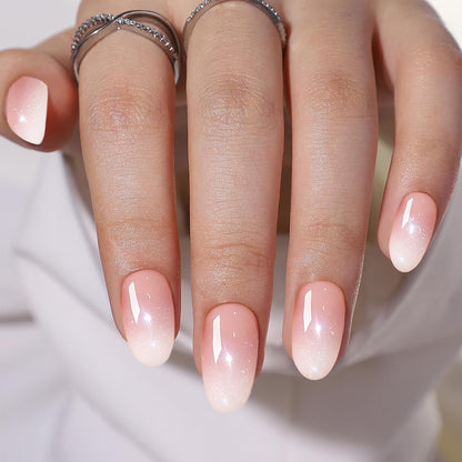 Almond Press on Nails, Almond Shaped Press on Nails, Nail Press Ons Short Fake Nail Pink Ombre False Nail with Glitter Glue on Short Design Artificial Stick on Nails for Women 24Pcs