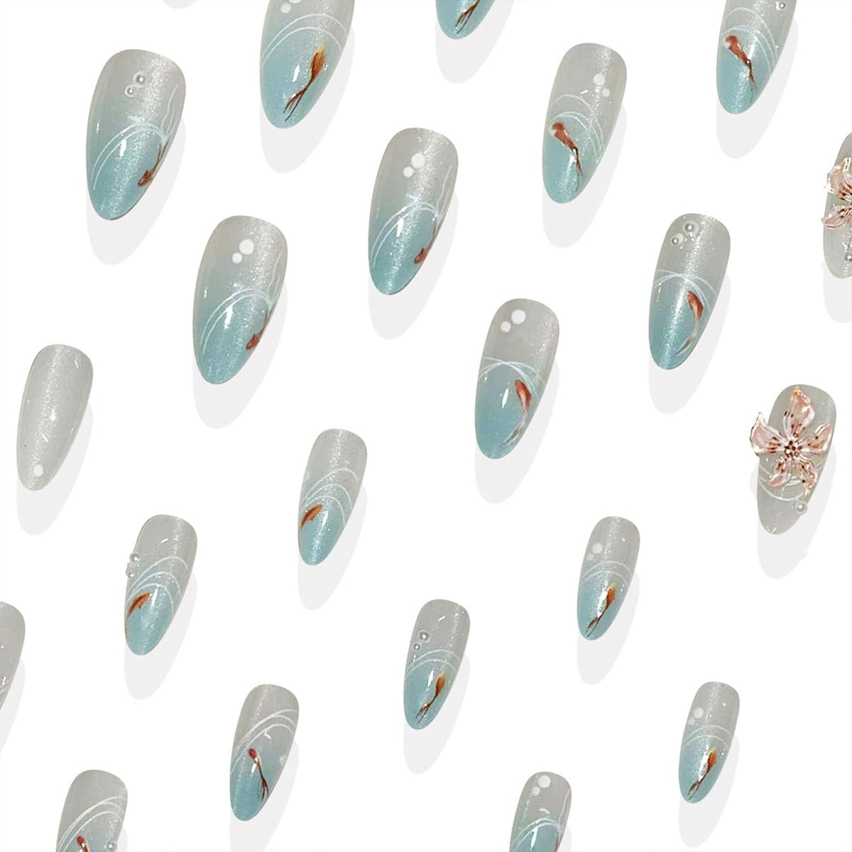 Cat Eye Press on Nails Medium Almond Fake Nails with 3D Flower White Pearl Lines Designs Glossy Nails Press Ons Blue Gradient Glue on Nails Summer Acrylic Artificial Stick on Nails for Women 24Pcs