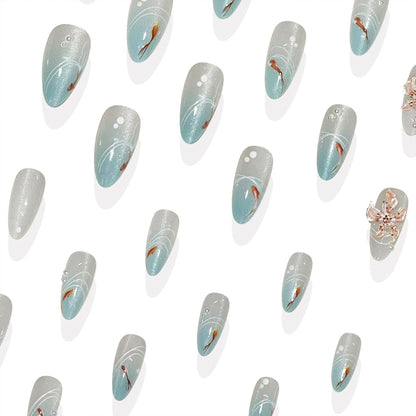 Cat Eye Press on Nails Medium Almond Fake Nails with 3D Flower White Pearl Lines Designs Glossy Nails Press Ons Blue Gradient Glue on Nails Summer Acrylic Artificial Stick on Nails for Women 24Pcs