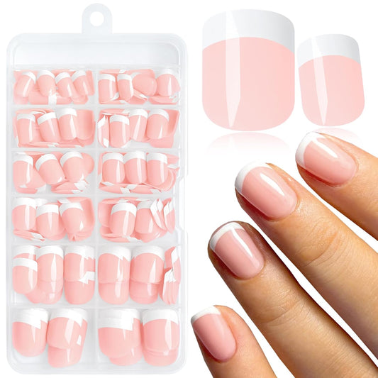 240-Piece Extra Short Square Press-On Nails with White French Tips - Nude Acrylic False Fingernails with Adhesive Tabs