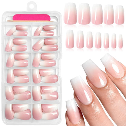 120Pcs Ombre Press on Nails Medium Coffin - Pink White Gradient Fake Nails Press Ons Coffin Stick on Nails for Women