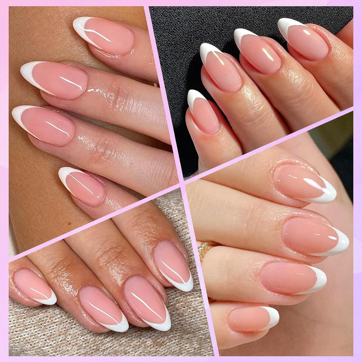 216PC White French Tip Press on Nails Almond Fake Nail Press Ons -Medium