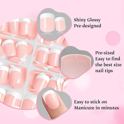 240-Piece Extra Short Square Press-On Nails with White French Tips - Nude Acrylic False Fingernails with Adhesive Tabs