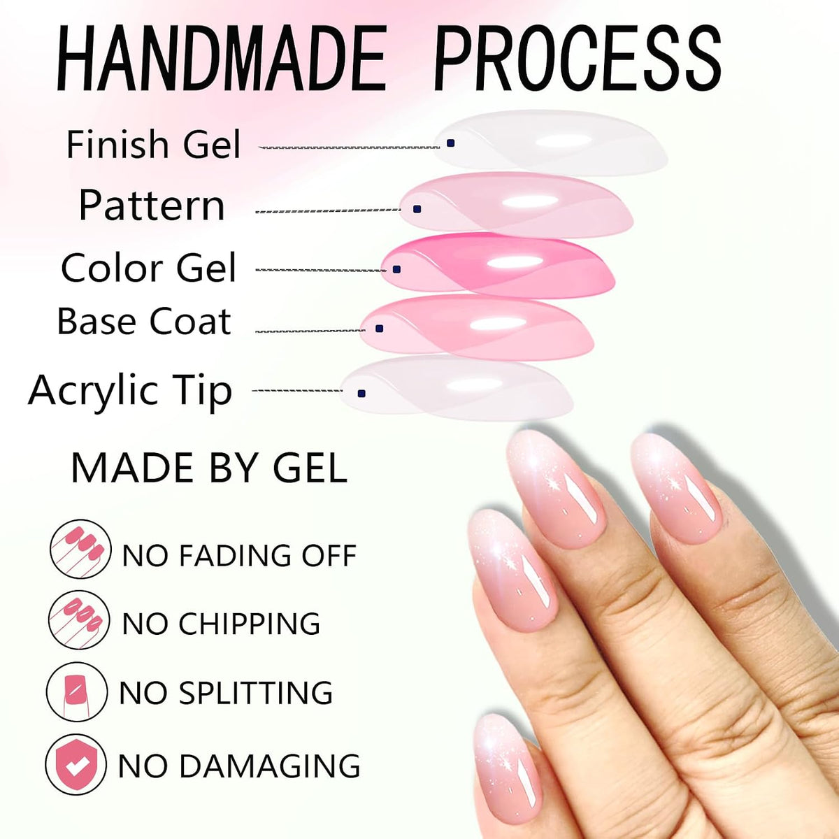 Almond Press on Nails, Almond Shaped Press on Nails, Nail Press Ons Short Fake Nail Pink Ombre False Nail with Glitter Glue on Short Design Artificial Stick on Nails for Women 24Pcs