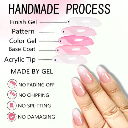 Almond Press on Nails, Almond Shaped Press on Nails, Nail Press Ons Short Fake Nail Pink Ombre False Nail with Glitter Glue on Short Design Artificial Stick on Nails for Women 24Pcs