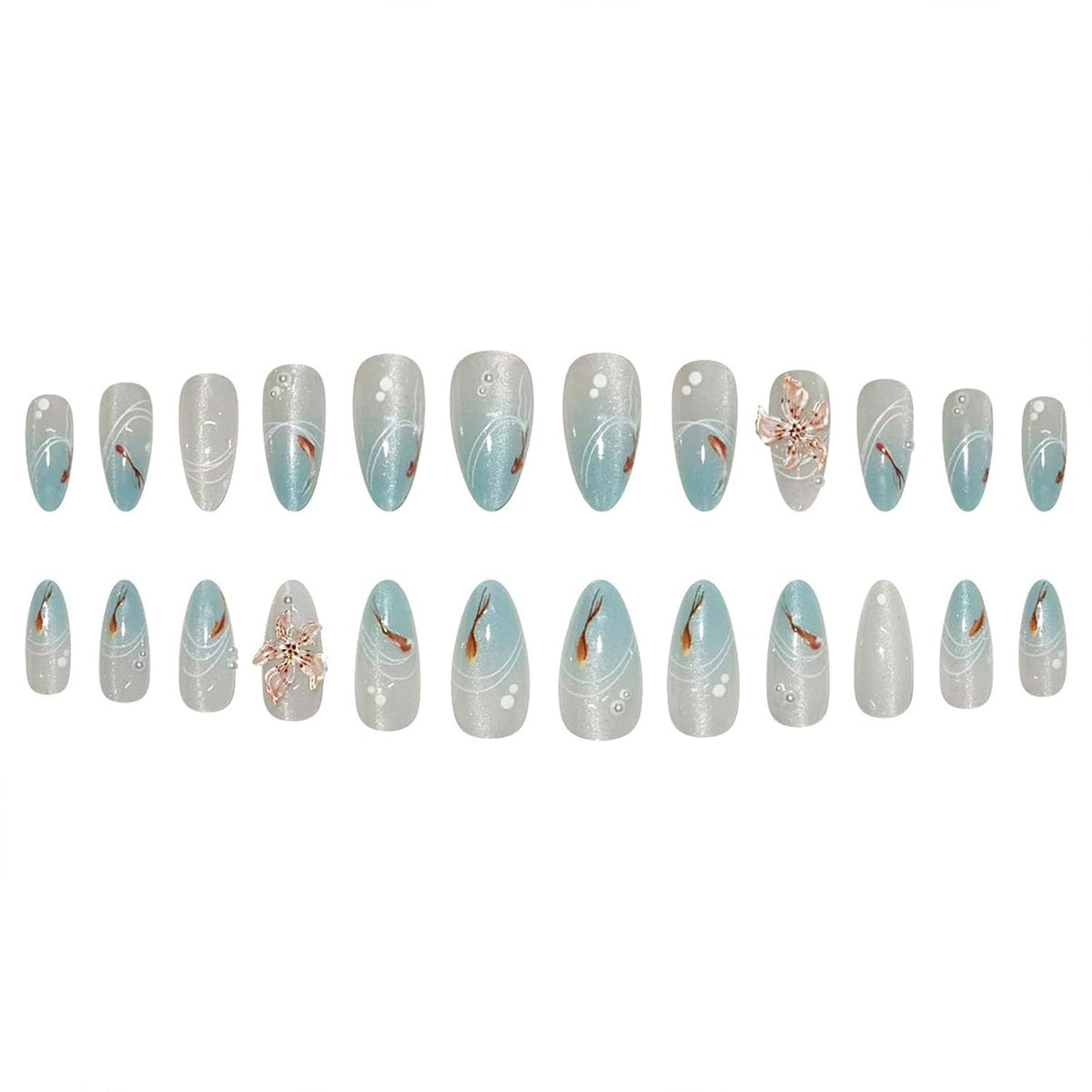 Cat Eye Press on Nails Medium Almond Fake Nails with 3D Flower White Pearl Lines Designs Glossy Nails Press Ons Blue Gradient Glue on Nails Summer Acrylic Artificial Stick on Nails for Women 24Pcs