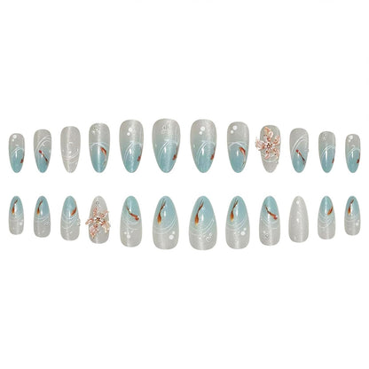 Cat Eye Press on Nails Medium Almond Fake Nails with 3D Flower White Pearl Lines Designs Glossy Nails Press Ons Blue Gradient Glue on Nails Summer Acrylic Artificial Stick on Nails for Women 24Pcs