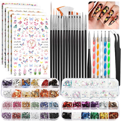 Nail Art Kit, Nail Art Brushes Set, Nail Art Dotting Tools, Nail Stickers, Butterfly Nail Art Sequins, Nail Foils, Nail Art Flakes Iridescent, Rhinestones for Nails Design