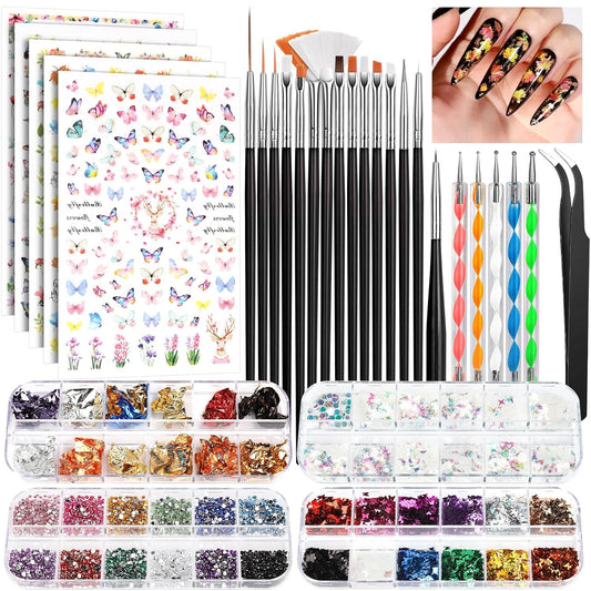 Nail Art Kit, Nail Art Brushes Set, Nail Art Dotting Tools, Nail Stickers, Butterfly Nail Art Sequins, Nail Foils, Nail Art Flakes Iridescent, Rhinestones for Nails Design
