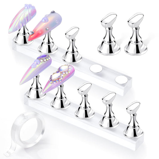 Press on Nail Stand: Silver Nail Stand for Nails Art Display Practice Nail Holder for Painting Nails Stand for False Nail Press on Designs Magnetic Fake Nail Holder with 1M Double-Sided Tape