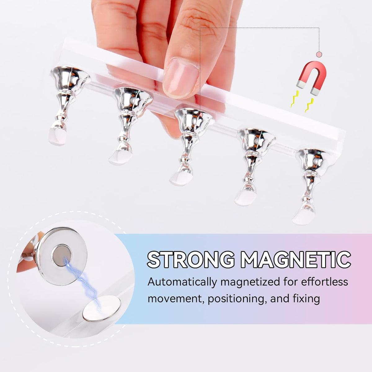 Press on Nail Stand: Silver Nail Stand for Nails Art Display Practice Nail Holder for Painting Nails Stand for False Nail Press on Designs Magnetic Fake Nail Holder with 1M Double-Sided Tape