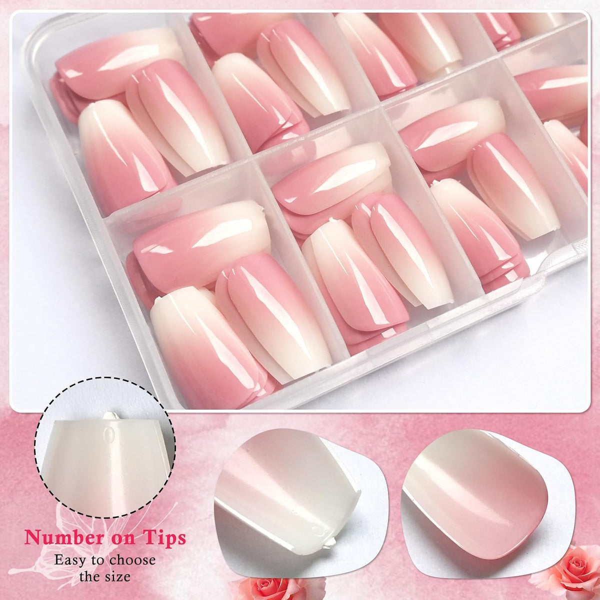 120Pcs Ombre Press on Nails Medium Coffin - Pink White Gradient Fake Nails Press Ons Coffin Stick on Nails for Women