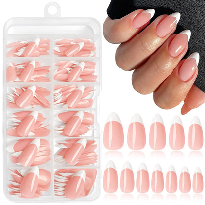 216PC White French Tip Press on Nails Almond Fake Nail Press Ons -Medium