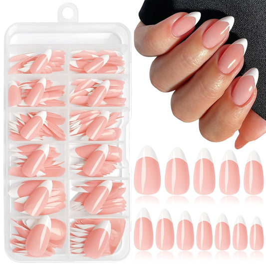 216PC White French Tip Press on Nails Almond Fake Nail Press Ons -Medium