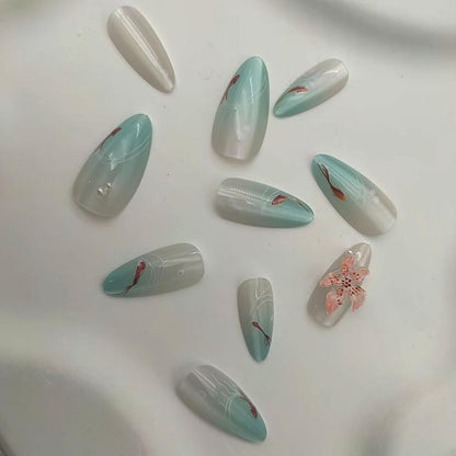 Cat Eye Press on Nails Medium Almond Fake Nails with 3D Flower White Pearl Lines Designs Glossy Nails Press Ons Blue Gradient Glue on Nails Summer Acrylic Artificial Stick on Nails for Women 24Pcs
