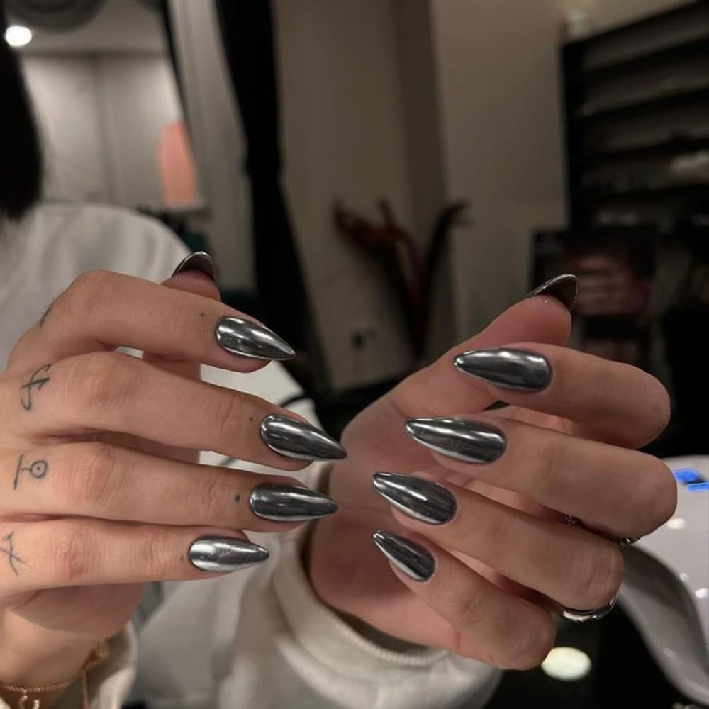 Black Chrome Press on Nails Medium Almond Nails Press Ons Metallic Nails Glue On, Acrylic Nails Fake Nails for Women, Thick Shinny Glazed False Nails Glue on Nails Medium Length Stiletto Nails 24Pcs