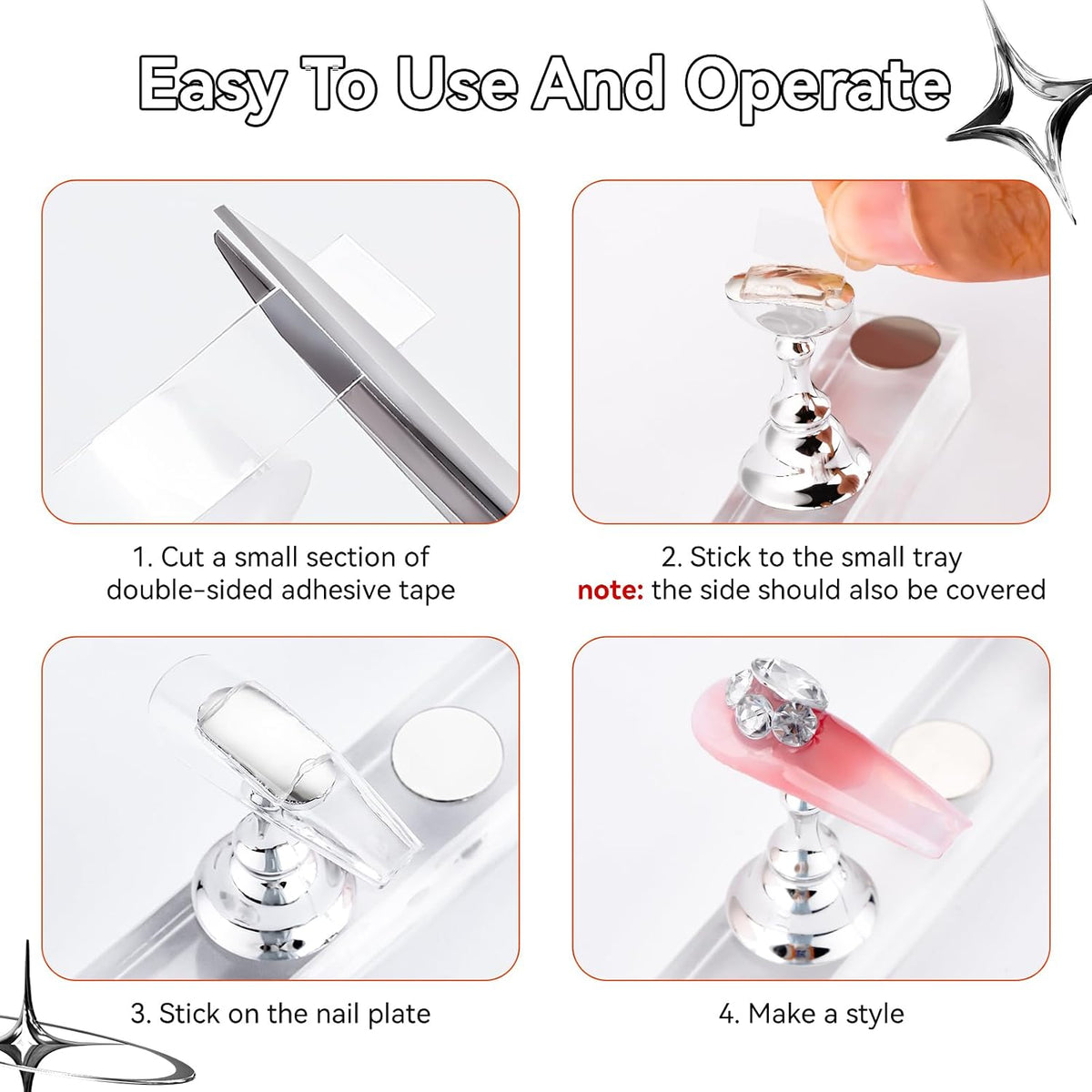 Press on Nail Stand: Silver Nail Stand for Nails Art Display Practice Nail Holder for Painting Nails Stand for False Nail Press on Designs Magnetic Fake Nail Holder with 1M Double-Sided Tape