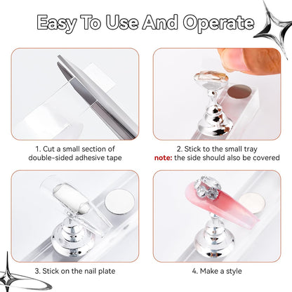 Press on Nail Stand: Silver Nail Stand for Nails Art Display Practice Nail Holder for Painting Nails Stand for False Nail Press on Designs Magnetic Fake Nail Holder with 1M Double-Sided Tape