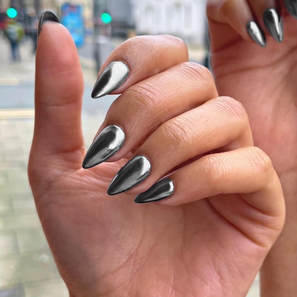 Black Chrome Press on Nails Medium Almond Nails Press Ons Metallic Nails Glue On, Acrylic Nails Fake Nails for Women, Thick Shinny Glazed False Nails Glue on Nails Medium Length Stiletto Nails 24Pcs