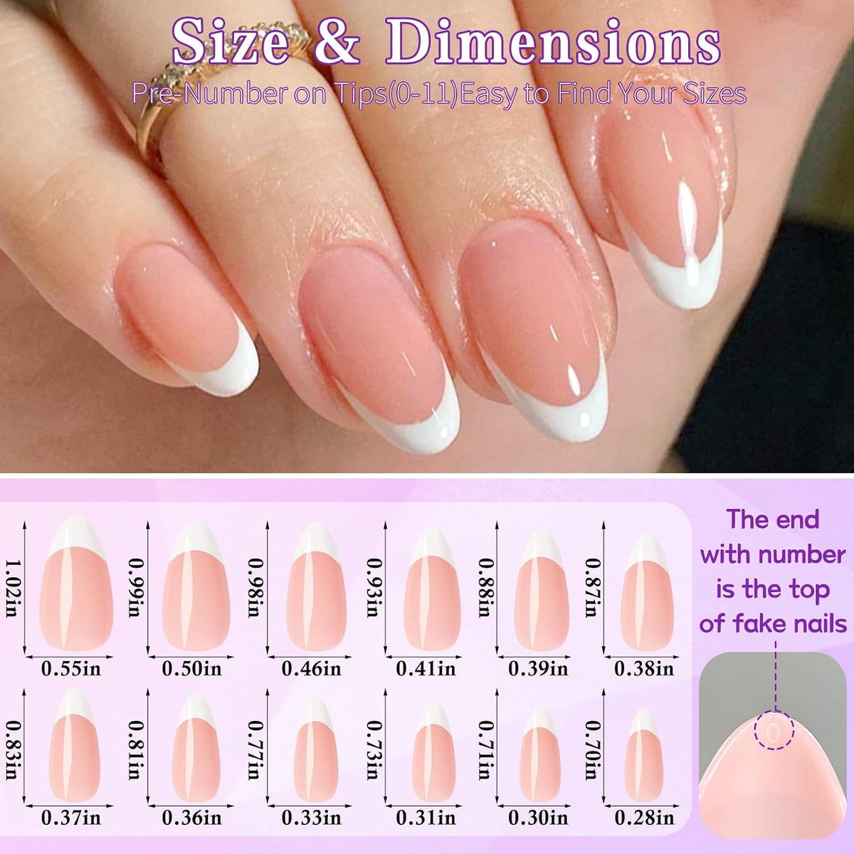 216PC White French Tip Press on Nails Almond Fake Nail Press Ons -Medium