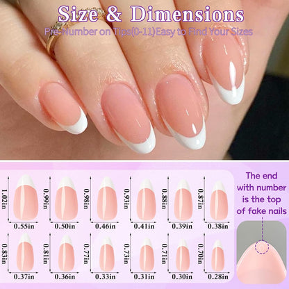 216PC White French Tip Press on Nails Almond Fake Nail Press Ons -Medium
