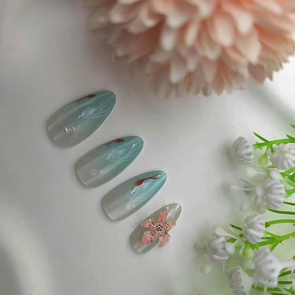 Cat Eye Press on Nails Medium Almond Fake Nails with 3D Flower White Pearl Lines Designs Glossy Nails Press Ons Blue Gradient Glue on Nails Summer Acrylic Artificial Stick on Nails for Women 24Pcs