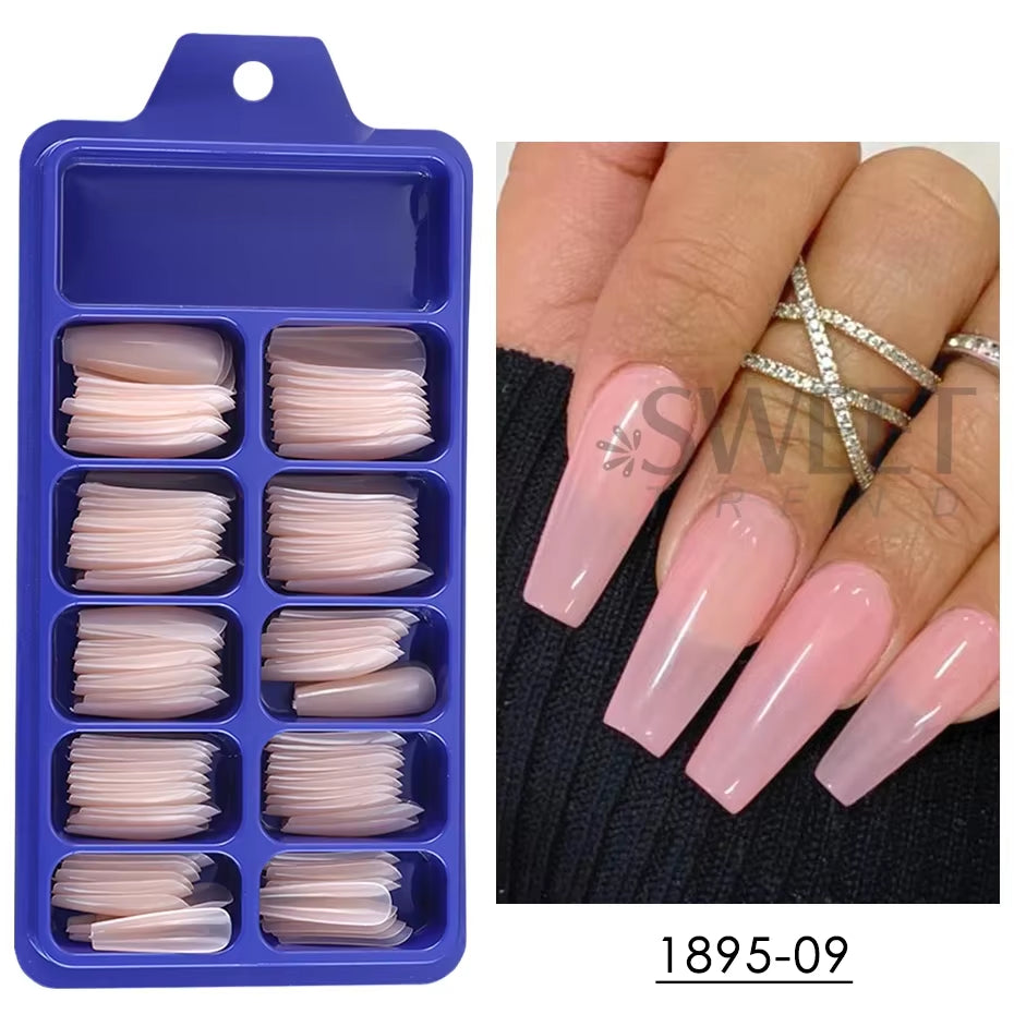 100Pcs Nude Pink False Nail Press on Nails Acrylic Extension Coffin Forms Nail Tips Artificial Long Full Cover Fingernails Tools